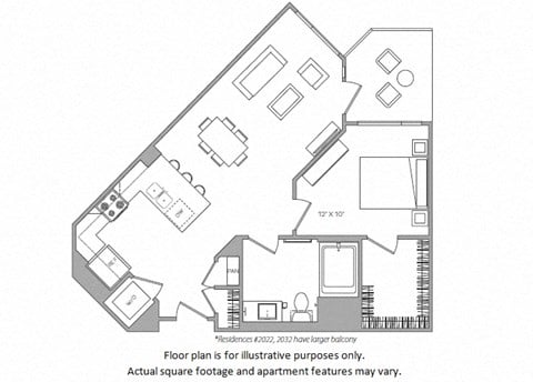 Floor plan for 1 bed, 1 bath, 684 sqft